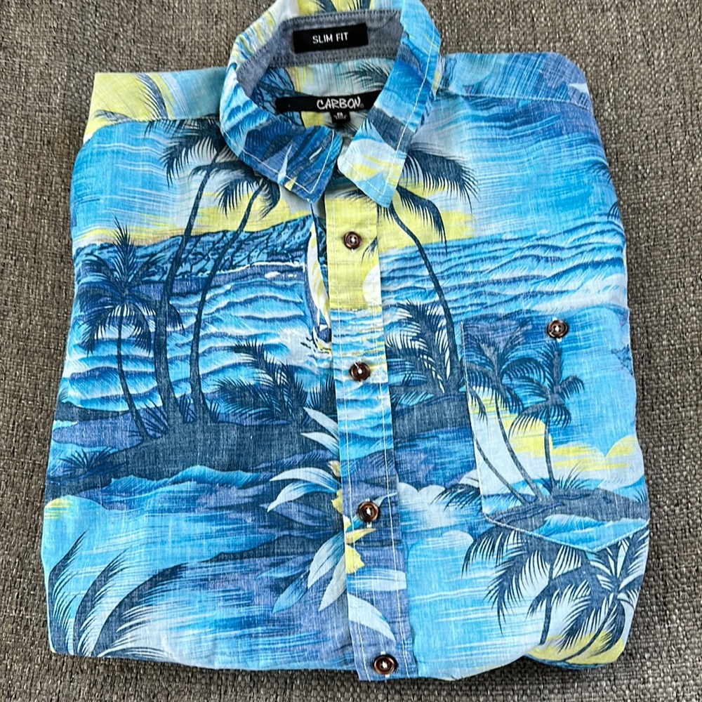 Carbon Men's Blue Hawaiian Tropical Palm Tree Floral Slim Fit Button Down S